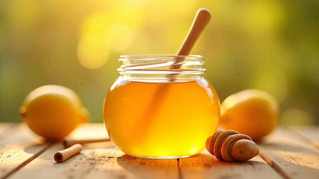 Stiklinis stiklainis su šviežiu, auksu spindinčiu medumi, be ženklelio
