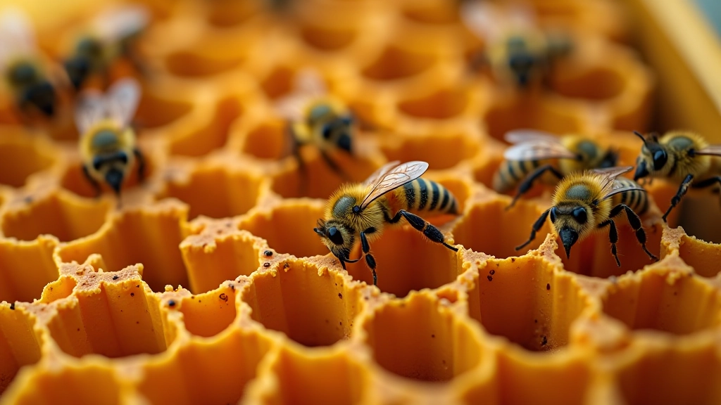 Korio rėmas su bitėmis, užsisėlusių ant šešėlinių ir medaus šešėlių